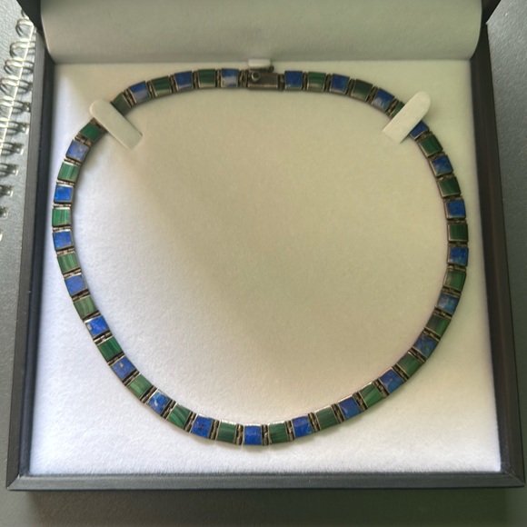 Sterling Silver, Malachite And Lapis Choker Necklace